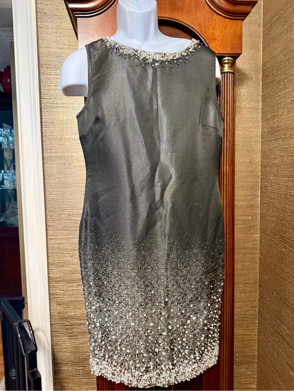 New with tags StJohn CoutureSleeveless Beaded Ombre Cocktail Dress in Dark Gray